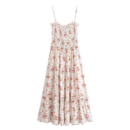 Rayon Printed Elastic Chest Wrapped Beach Casual Sling Dress Summer Waist Controlled Midi Dress