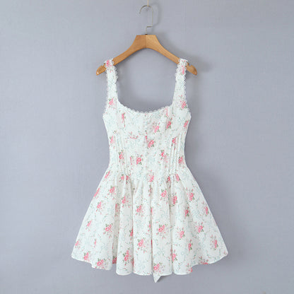 House Same Sweet Rose Print Bowknot Decoration Pleated Lace Waist Slip Dress Women Dress