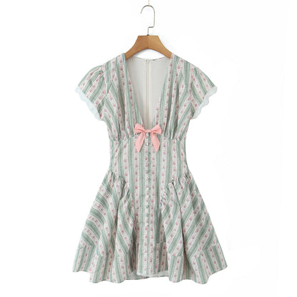 Sweet Romantic Floral Bowknot Decoration Striped Lace V neck Mini Dress Short Dress Women