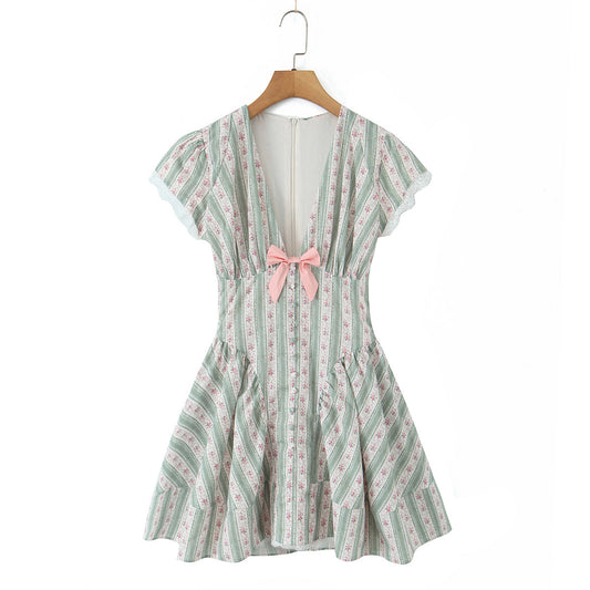 Sweet Romantic Floral Bowknot Decoration Striped Lace V neck Mini Dress Short Dress Women