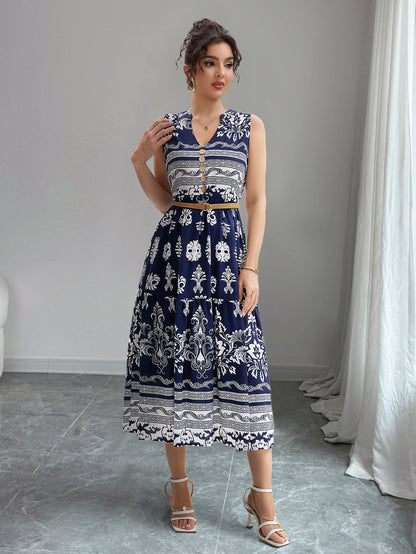 Women Printed Bohemian Vacation Style V Neck Sleeveless Loose Dress With A Belt