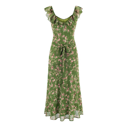 Tea Break Green Shivering Dress Women Summer Vacation V neck Sexy Cinched Slimming Maxi Dress