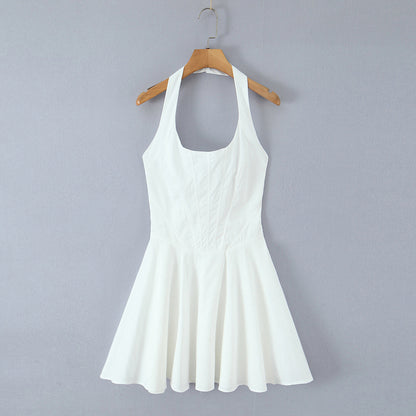 Summer Solid Color Elegant Green Sexy Waist Trimming Simple Halter Back Tied Dress