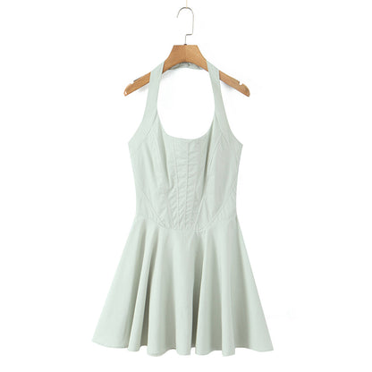 Summer Solid Color Elegant Green Sexy Waist Trimming Simple Halter Back Tied Dress