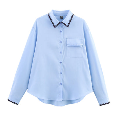 Women Clothing Autumn Niche Chic Shell Craft Blue Shirt Long Sleeve Loose Shirt
