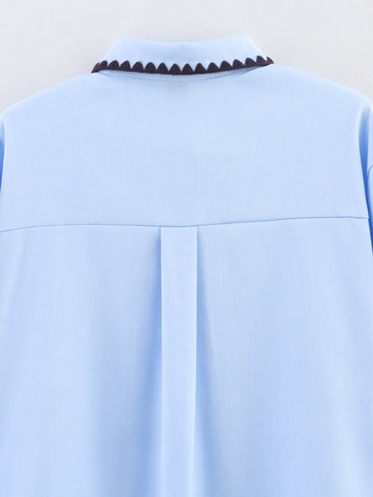 Women Clothing Autumn Niche Chic Shell Craft Blue Shirt Long Sleeve Loose Shirt