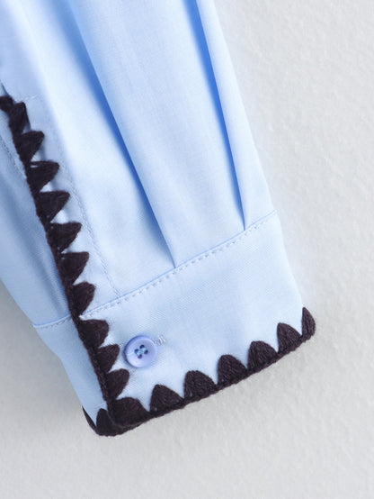 Women Clothing Autumn Niche Chic Shell Craft Blue Shirt Long Sleeve Loose Shirt