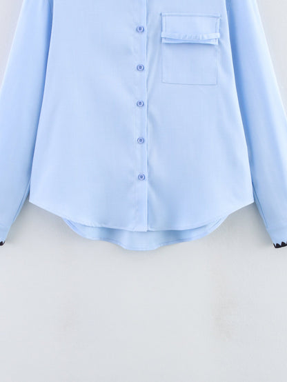 Women Clothing Autumn Niche Chic Shell Craft Blue Shirt Long Sleeve Loose Shirt