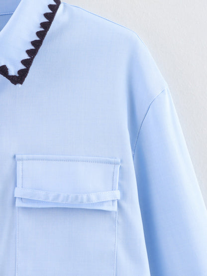 Women Clothing Autumn Niche Chic Shell Craft Blue Shirt Long Sleeve Loose Shirt