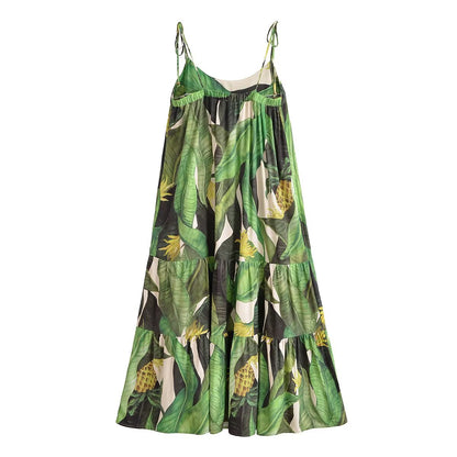 Summer Wind Women Rayon Printed Bohemian Plant Ruffled Spaghetti Straps Dress