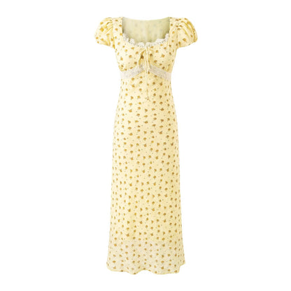 Gentle Square Collar Lace Stitching Bow Lace up Short Sleeve Floral Dress Waist Slim Fit Vacation Dress