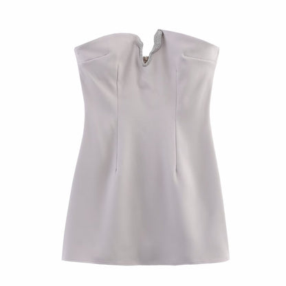 Women Clothing Autumn Socialite Slim Fit Rhinestone Ornament Tube Top Short Type Dress