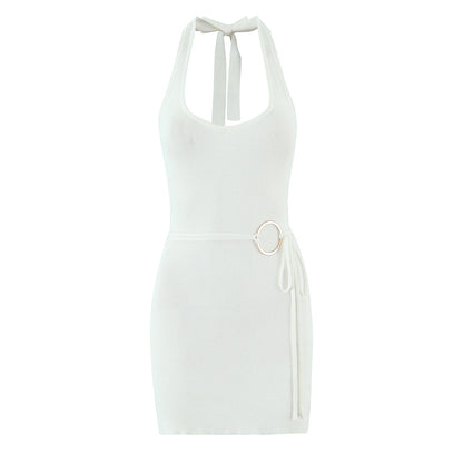 Summer Women Clothing Solid Color Sexy Sexy Metal Decorative Halter Sheath Dress