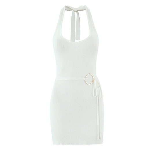 Summer Women Clothing Solid Color Sexy Sexy Metal Decorative Halter Sheath Dress