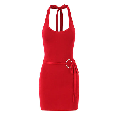 Summer Women Clothing Solid Color Sexy Sexy Metal Decorative Halter Sheath Dress