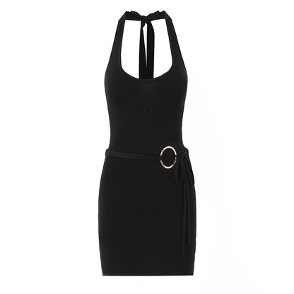 Summer Women Clothing Solid Color Sexy Sexy Metal Decorative Halter Sheath Dress