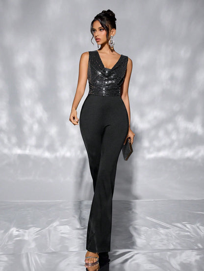 Women Casual Waist Tight Women Jumpsuit Loose Wide Leg Sequ Jumpsuit