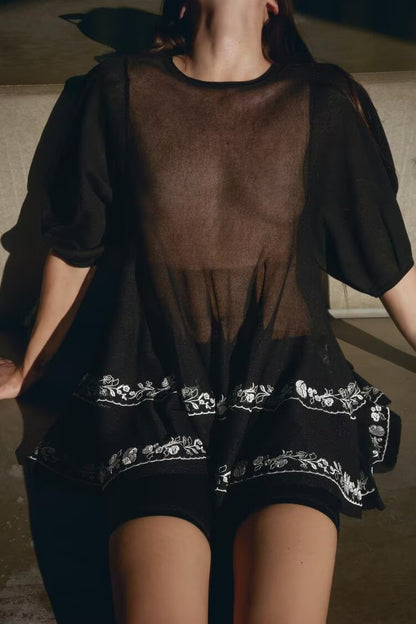 Women Clothing Summer round Neck Embroidered Translucent Long Sleeve Shirt Top Women