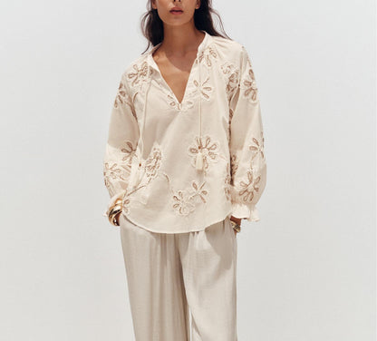 Women Clothing Spring Sweet Floral Embroidered Mini Shirt