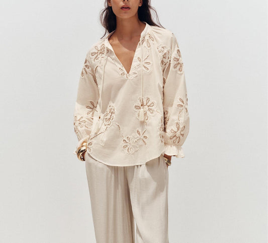 Women Clothing Spring Sweet Floral Embroidered Mini Shirt