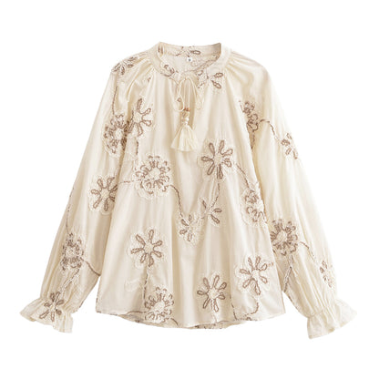 Women Clothing Spring Sweet Floral Embroidered Mini Shirt