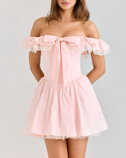 Pink off Neck Lace Stitching Mini Dress