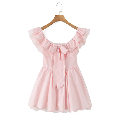 Pink off Neck Lace Stitching Mini Dress