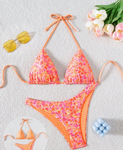 Sexy Printing Double Sided Swimsuit Swimwear Women Split Bikini Two Piece Sets