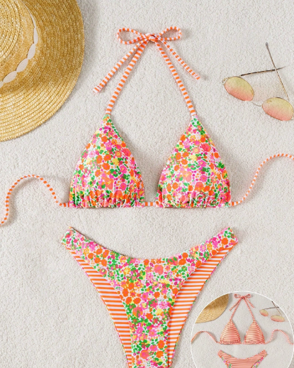 Sexy Printing Double Sided Swimsuit Swimwear Women Split Bikini Two Piece Sets