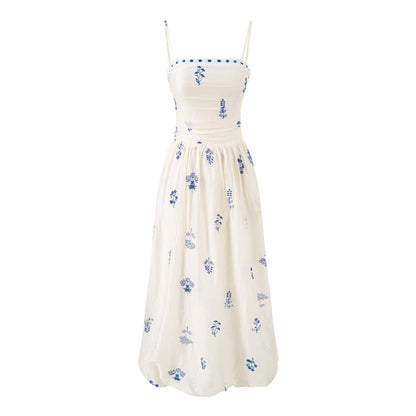 Tight Waist Floral Embroidered Suspender Dress Women Summer Thin Slimming Bud