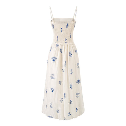 Tight Waist Floral Embroidered Suspender Dress Women Summer Thin Slimming Bud