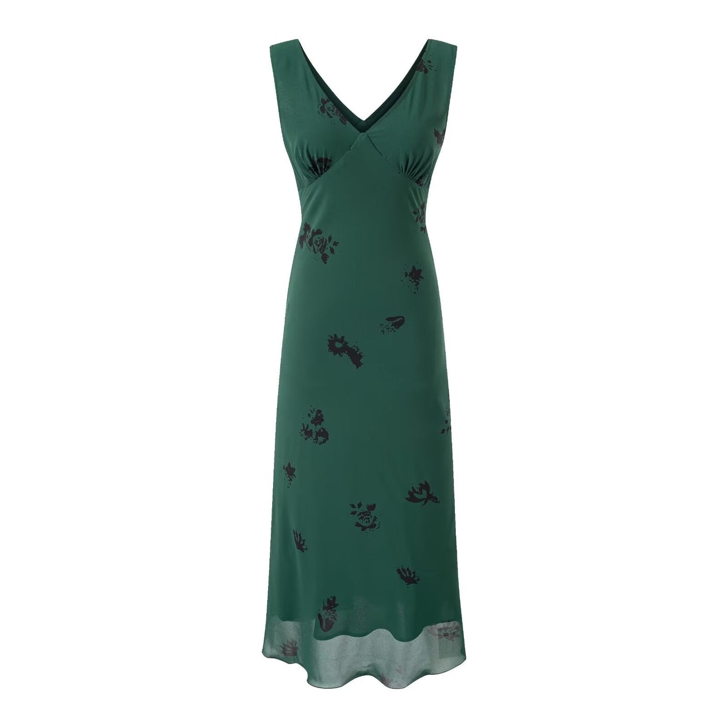 Summer Retro Texture Vacation Casual Green Background Printed V neck Dress