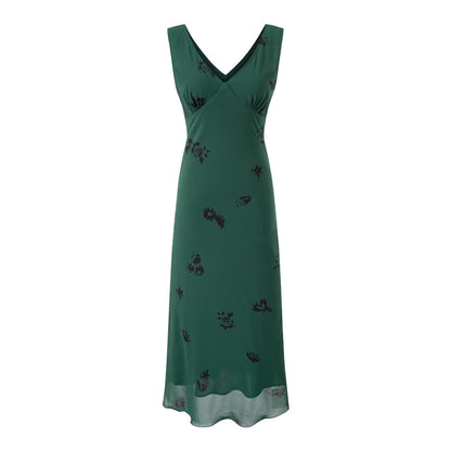 Summer Retro Texture Vacation Casual Green Background Printed V neck Dress
