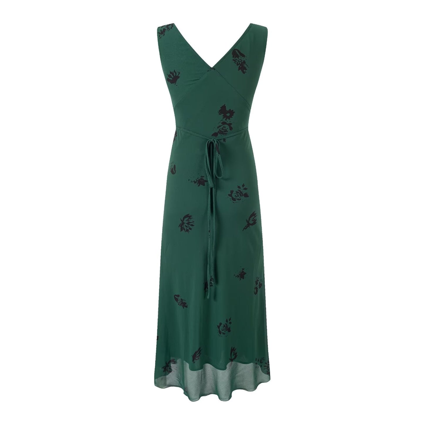 Summer Retro Texture Vacation Casual Green Background Printed V neck Dress