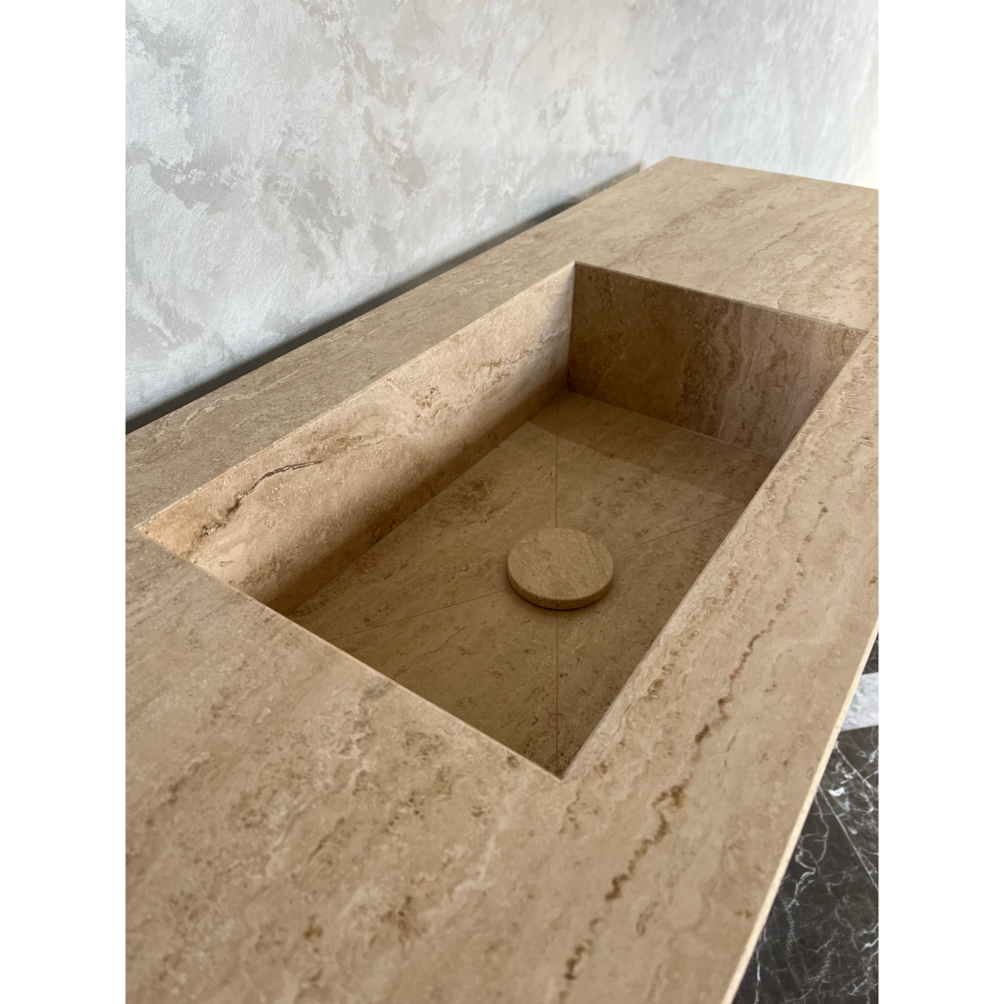 Travertine Beige Handcrafted Custom Bathroom Vanity Sink - Vein-Cut Natural Stone