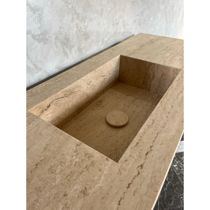 Travertine Beige Handcrafted Custom Bathroom Vanity Sink - Vein-Cut Natural Stone