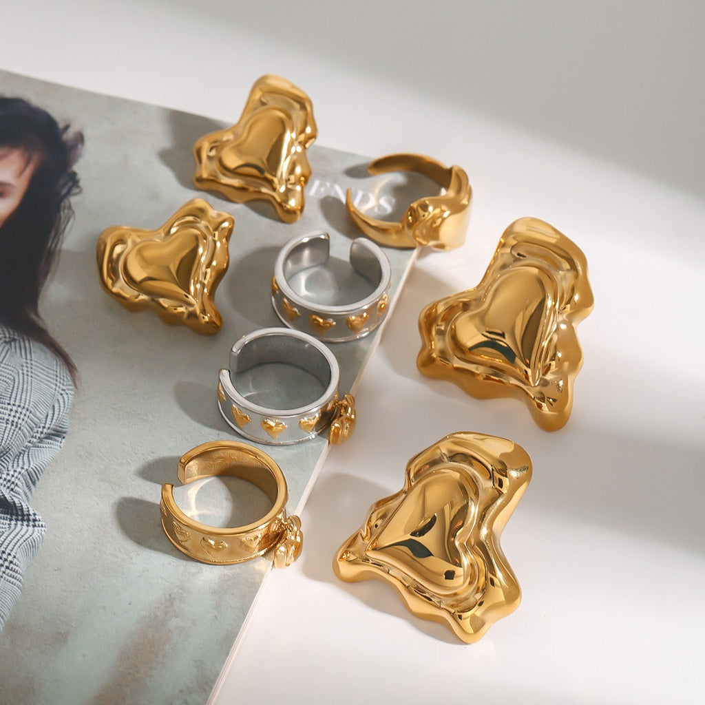 18K Gold Heart Design Trendy Personalized Earring and Ring Set