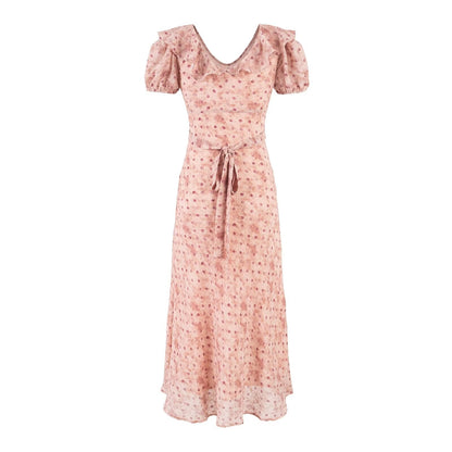 Summer V neck Ruffled Chest Strap Puff Sleeve Waist Tight Slim Fit Dress