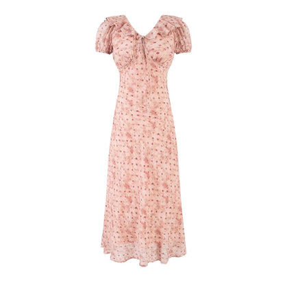 Summer V neck Ruffled Chest Strap Puff Sleeve Waist Tight Slim Fit Dress