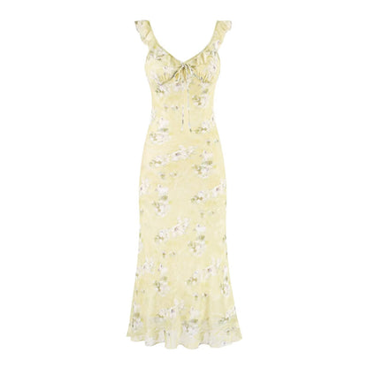 Summer Sexy V neck Flounce Chest Strap Small Floral Dress