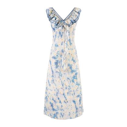 Sweet Printed Chic Ruffled V neck Maxi Dress Vintage Slim Fit Backless Vacation