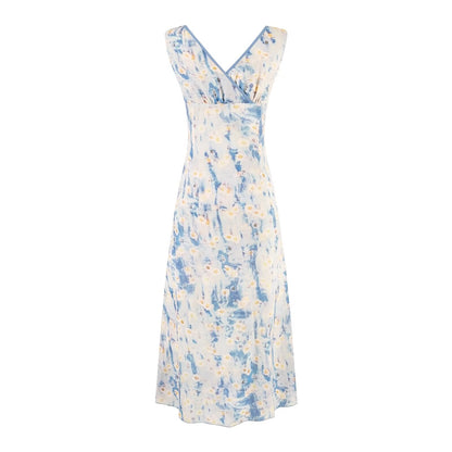 Sweet Printed Chic Ruffled V neck Maxi Dress Vintage Slim Fit Backless Vacation