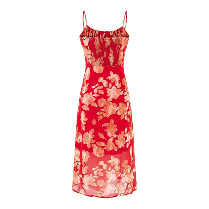 Vacation Red Printed Casual Drawstring Suspender Dress