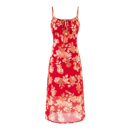 Vacation Red Printed Casual Drawstring Suspender Dress