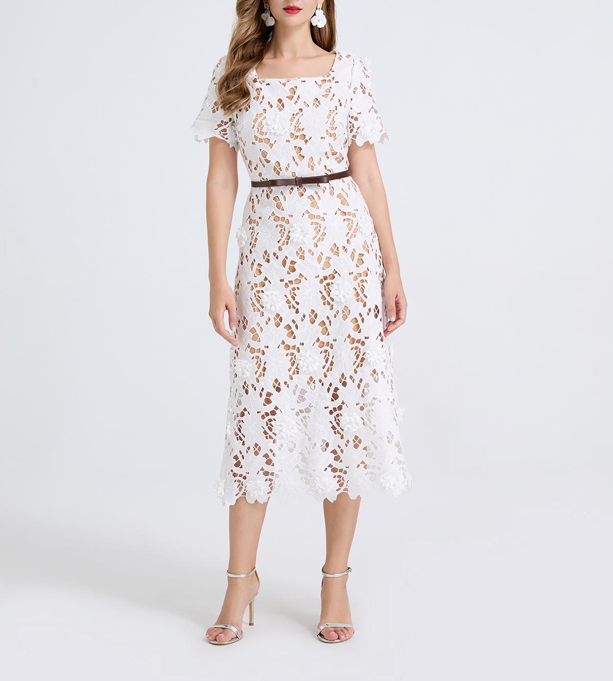 Women Elegant Water-Soluble Lace Open Square Neck Short Sleeved Dress