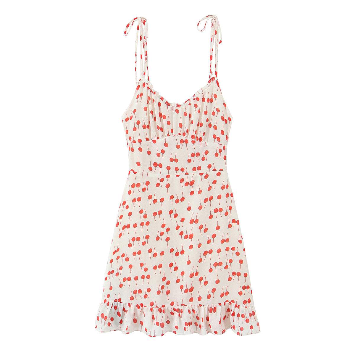 Spring Summer Sweet Printed Chic Wooden Ear Suspender French V neck Slim Short Dress