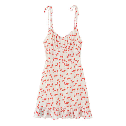 Spring Summer Sweet Printed Chic Wooden Ear Suspender French V neck Slim Short Dress