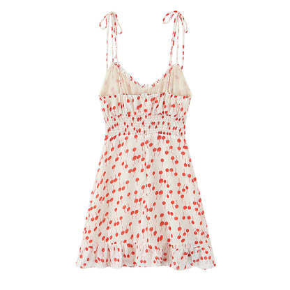 Spring Summer Sweet Printed Chic Wooden Ear Suspender French V neck Slim Short Dress