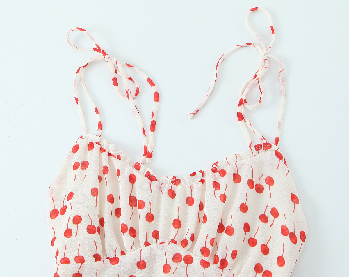 Spring Summer Sweet Printed Chic Wooden Ear Suspender French V neck Slim Short Dress