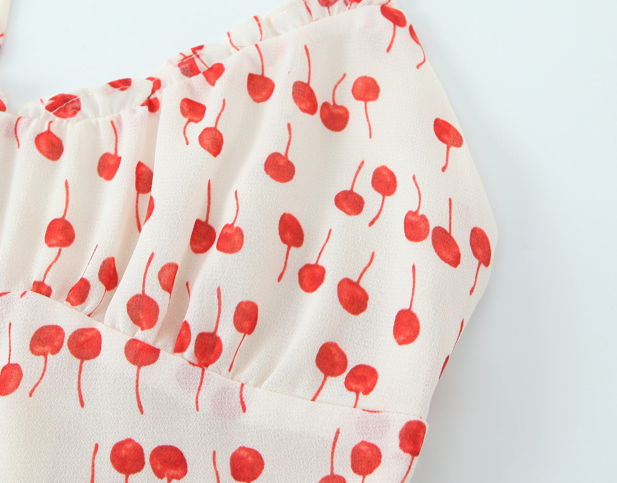 Spring Summer Sweet Printed Chic Wooden Ear Suspender French V neck Slim Short Dress